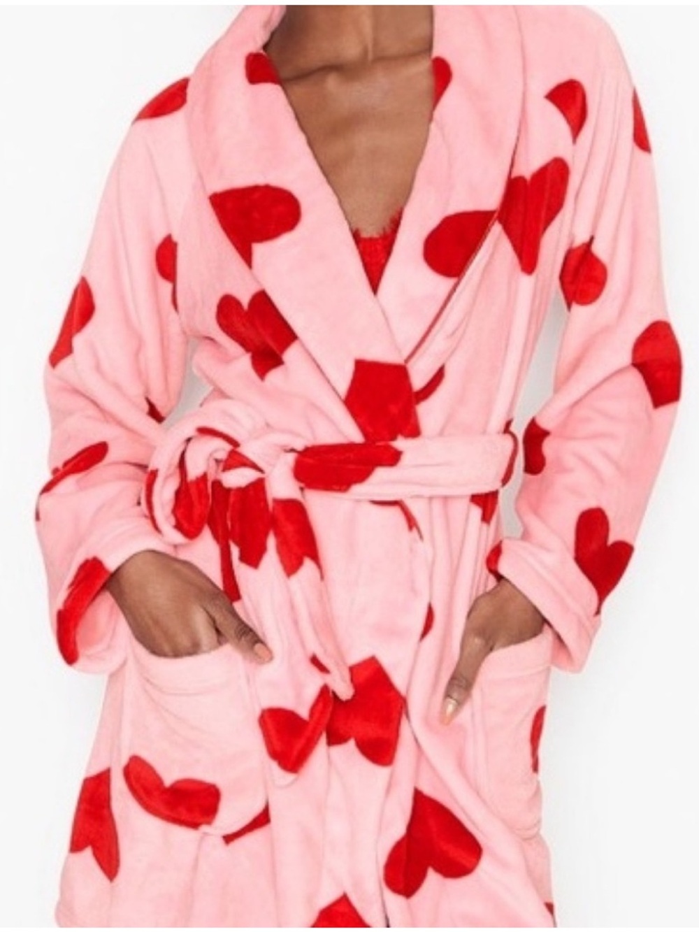 Victoria’s Secret Pink Plush Short Belted Robe Red Heart Print SZ XS/S Soft Girl